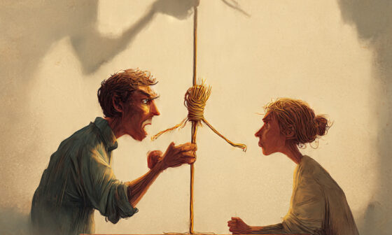 Illustration of two people debating, one using a straw puppet to represent a distorted argument, symbolizing the Strawman Fallacy and miscommunication.