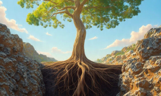 A towering tree with deep roots in dark soil and branches reaching toward the sky, symbolizing growth through struggle and strength.