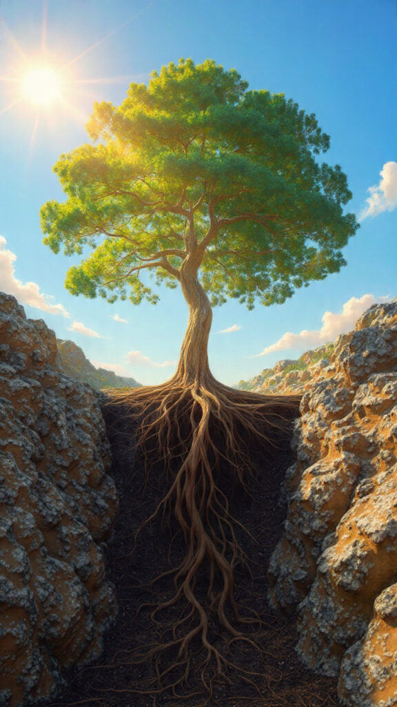 A towering tree with deep roots in dark soil and branches reaching toward the sky, symbolizing growth through struggle and strength.