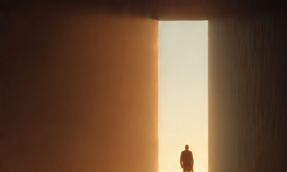 Person walking toward a bright open doorway symbolizing slow but steady progress and the hope that challenges will eventually pass.