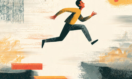 Illustration of a person rushing across incomplete stepping stones over a chasm, representing the hasty generalization fallacy and making decisions without full information.