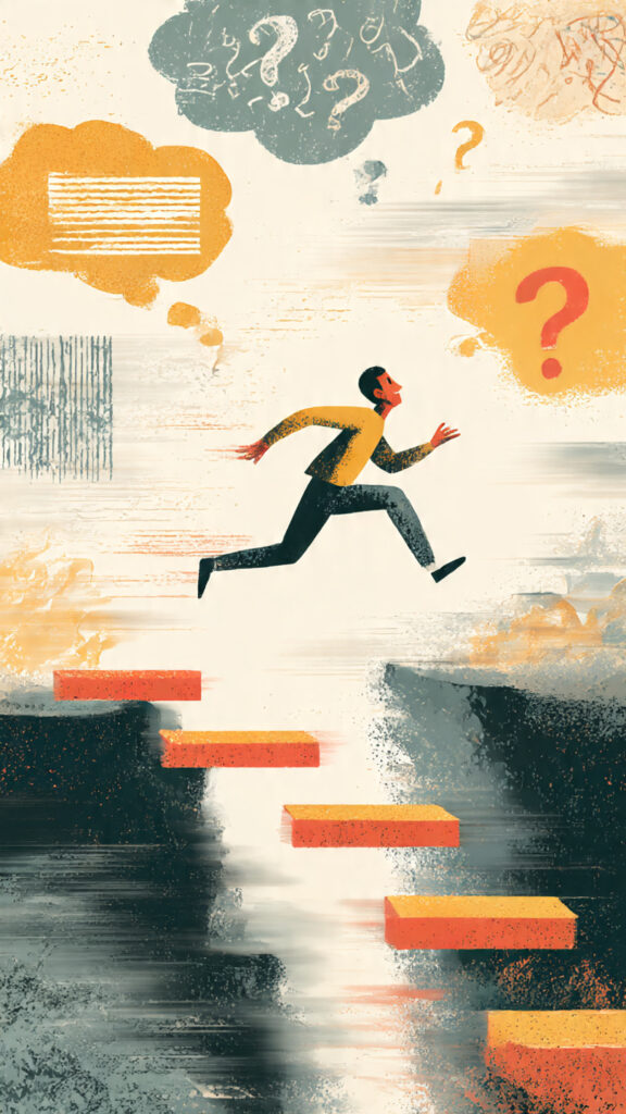 Illustration of a person rushing across incomplete stepping stones over a chasm, representing the hasty generalization fallacy and making decisions without full information.