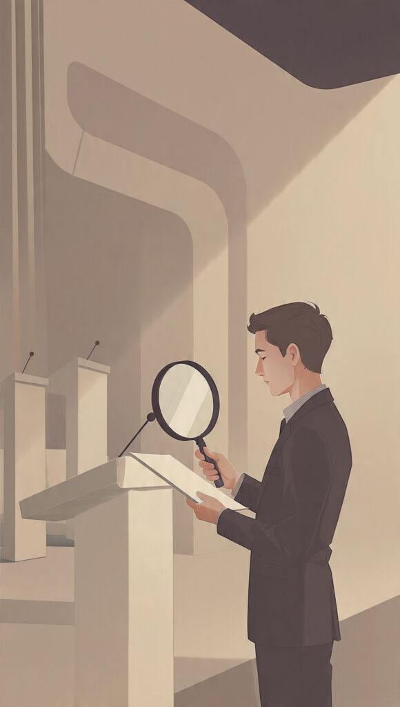 Person examining claims from various authority figures with a magnifying glass, symbolizing critical thinking and questioning authority.