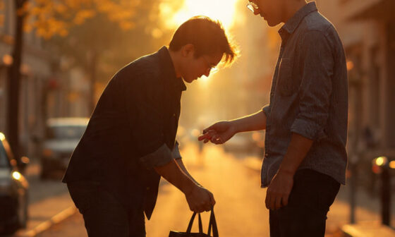 A person helping someone pick up their things on a quiet street at sunrise, symbolizing kindness and compassion in everyday life.