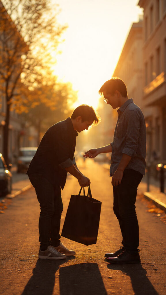 A person helping someone pick up their things on a quiet street at sunrise, symbolizing kindness and compassion in everyday life.