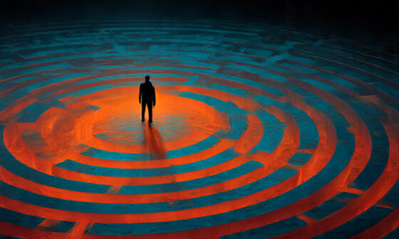 Illustration of a person inside a circular maze symbolizing the endless loop of circular reasoning in the circular argument fallacy.
