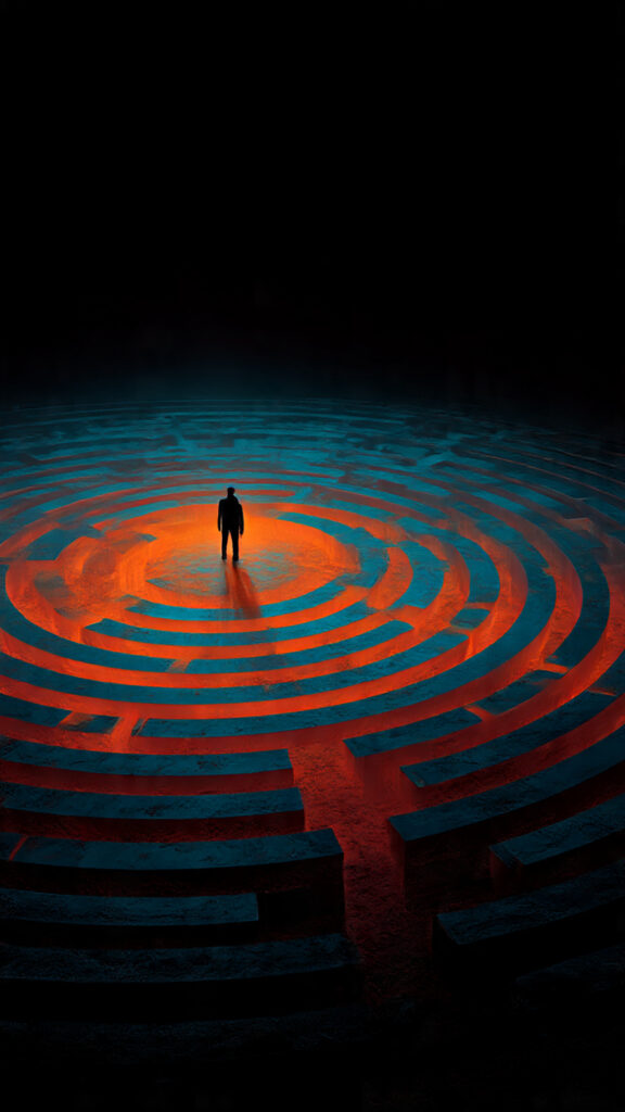 Illustration of a person inside a circular maze symbolizing the endless loop of circular reasoning in the circular argument fallacy.