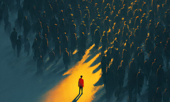 Person standing apart from a crowd, symbolizing resisting conformity and staying true to personal values.