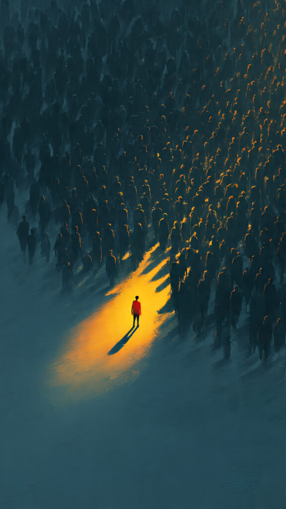 Person standing apart from a crowd, symbolizing resisting conformity and staying true to personal values.