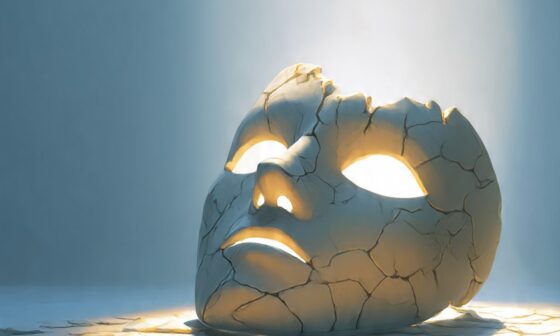 Broken mask symbolizing loss of credibility from repeated lies, with light representing the return of truth.