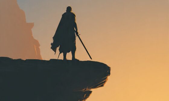 A calm warrior standing on a cliff at sunrise with a dissolving monster-like shadow behind him, symbolizing choosing integrity over retaliation.
