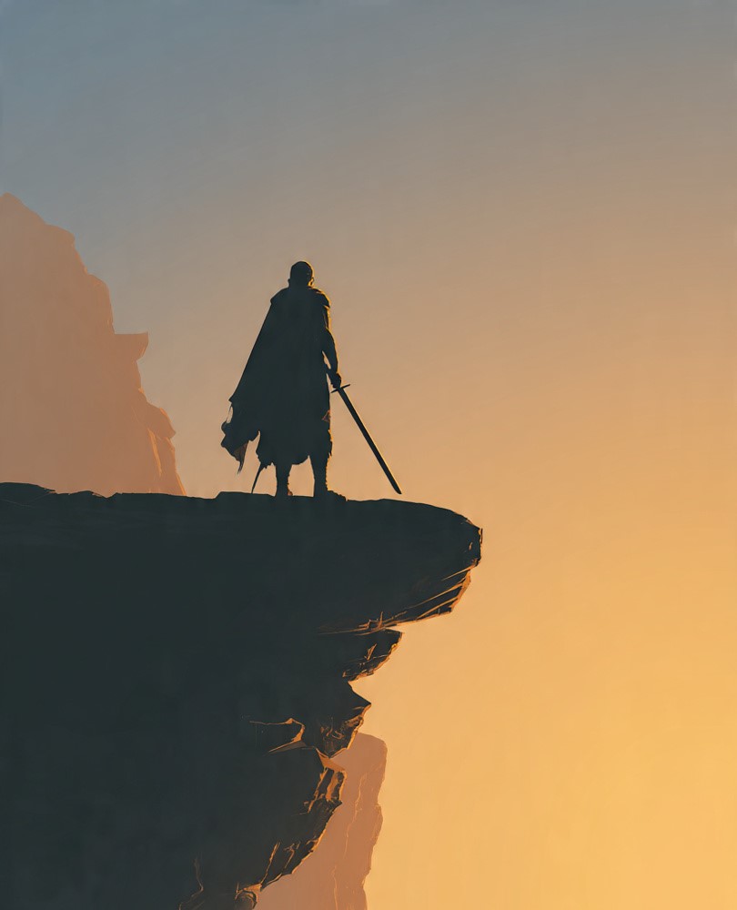 A calm warrior standing on a cliff at sunrise with a dissolving monster-like shadow behind him, symbolizing choosing integrity over retaliation.