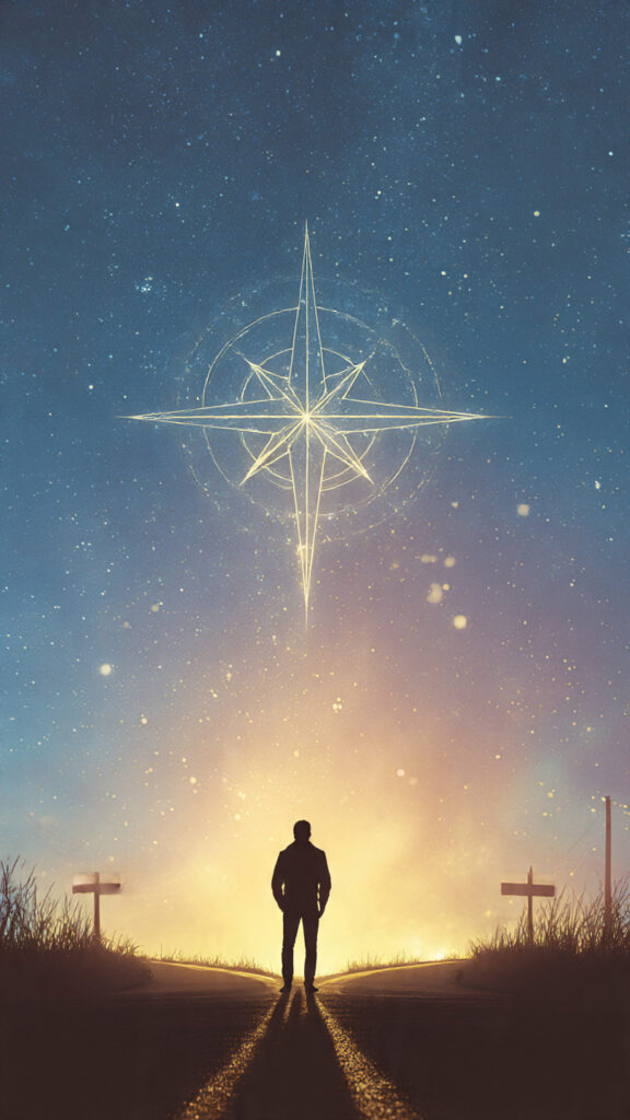 Person standing at a crossroads with a glowing compass symbolizing attitude guiding life direction.