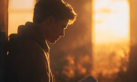 Young believer studying the Bible at sunrise, symbolizing spiritual growth, devotion, and calling from 1 Timothy 4:12–13.