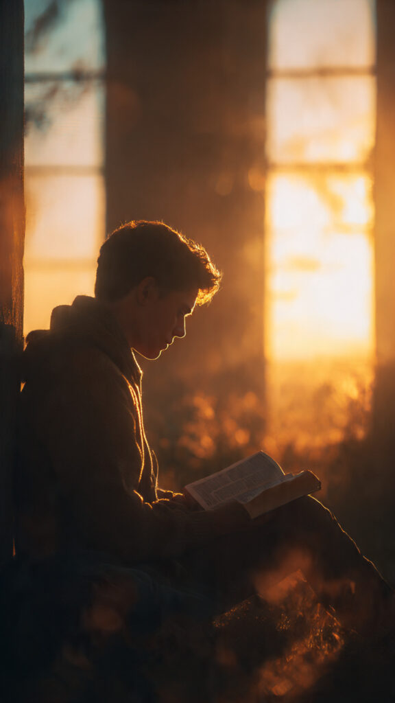 Young believer studying the Bible at sunrise, symbolizing spiritual growth, devotion, and calling from 1 Timothy 4:12–13.
