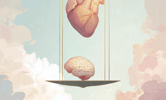 Heart and brain balanced on a scale in the sky, symbolizing a life guided by love and knowledge.