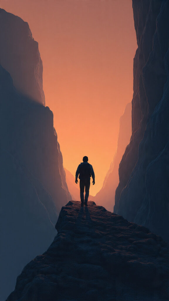 A person walking along a narrow mountain ridge at sunrise, symbolizing courage in the face of fear and suffering.