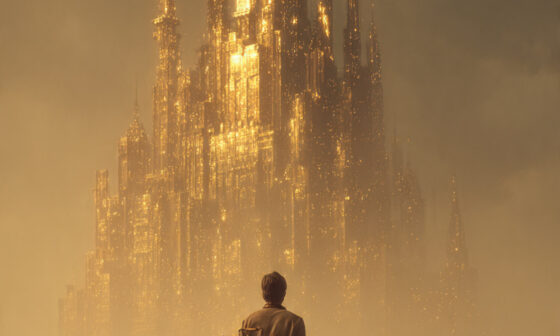 A person holding a glowing treasure chest while a huge blurred golden palace looms far away, symbolizing gratitude for what you have versus the desire for what you don’t.