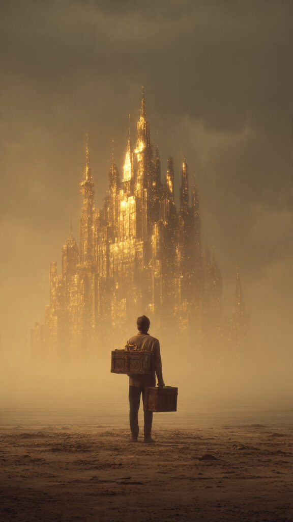 A person holding a glowing treasure chest while a huge blurred golden palace looms far away, symbolizing gratitude for what you have versus the desire for what you don’t.