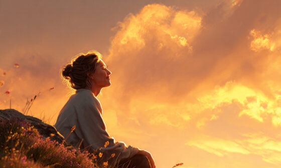A person sitting peacefully on a hilltop at sunset, smiling with eyes closed, symbolizing private happiness and enjoying life without an audience.