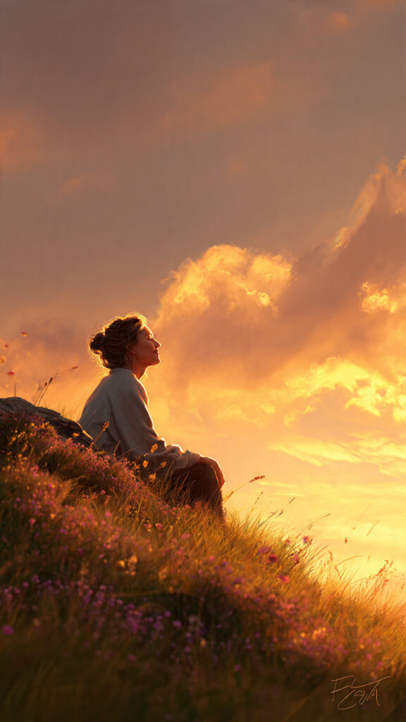 A person sitting peacefully on a hilltop at sunset, smiling with eyes closed, symbolizing private happiness and enjoying life without an audience.