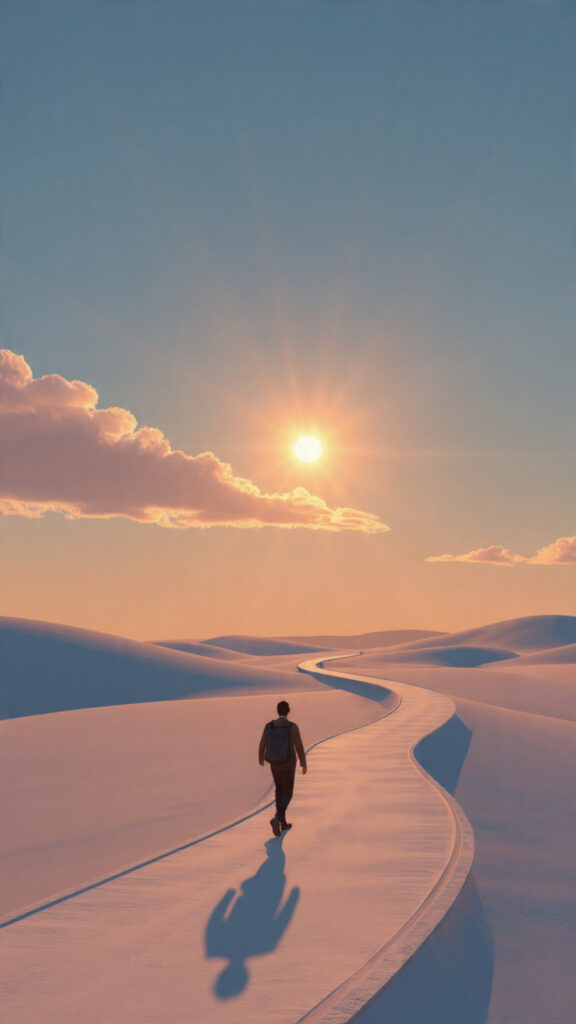 A lone traveler walking a long winding road under soft sunlight, symbolizing steady progress no matter the pace.
