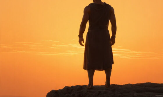 Silhouette of a calm warrior standing on a sunrise-lit cliff, symbolizing inner discipline and the Stoic idea that conquering oneself leads to conquering the world.