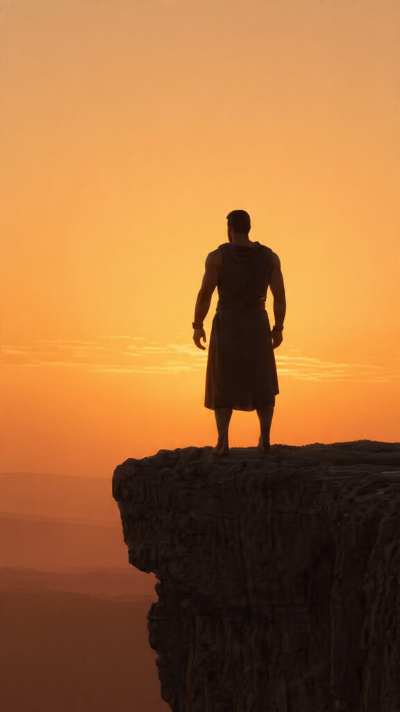 Silhouette of a calm warrior standing on a sunrise-lit cliff, symbolizing inner discipline and the Stoic idea that conquering oneself leads to conquering the world.