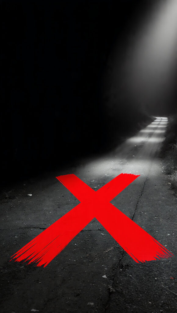 A bright red X marked on the ground at a crossroads, symbolizing refusing to go to a dangerous second location.