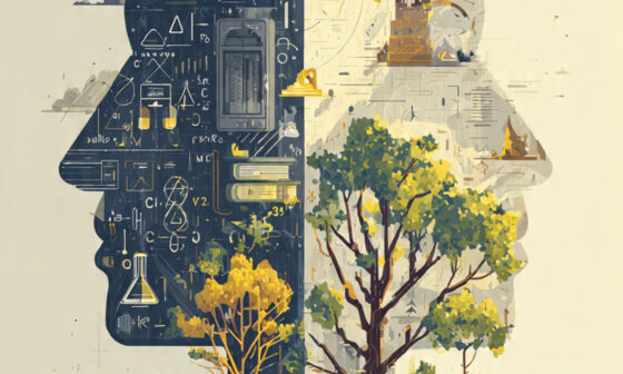 Human head split into symbols of science on one side and symbols of wisdom on the other, representing knowledge versus organized life.