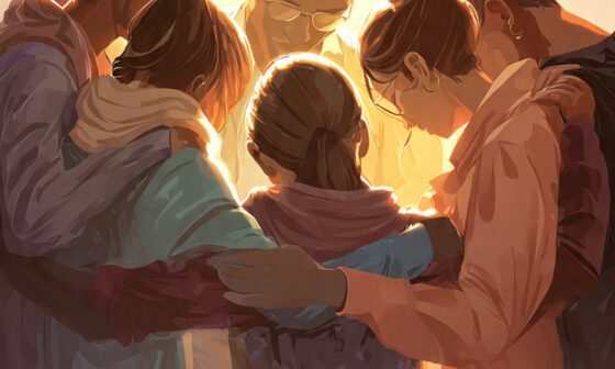 A group of people helping and embracing one another, symbolizing living Christlike love as taught in John 13:34–35.