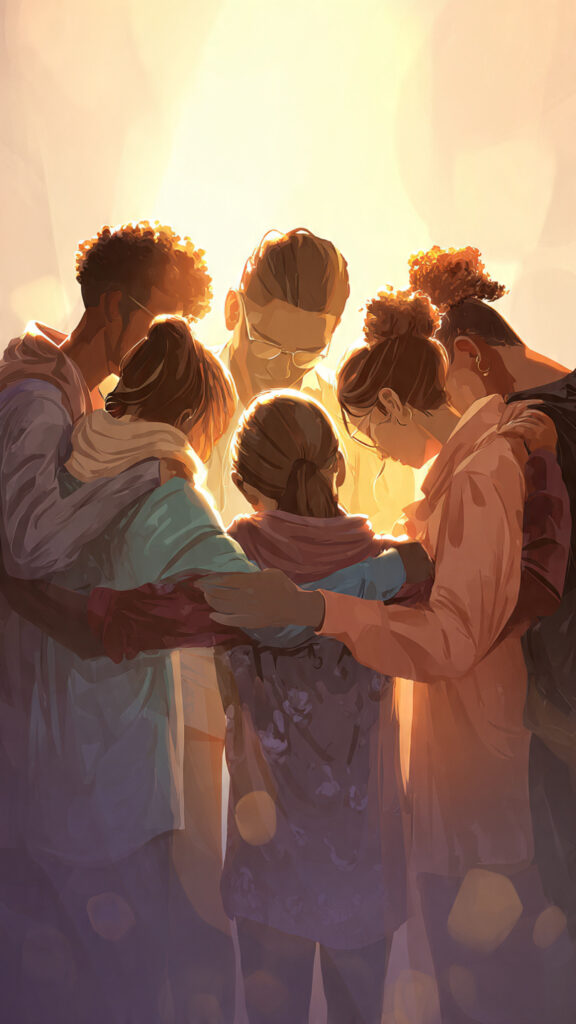 A group of people helping and embracing one another, symbolizing living Christlike love as taught in John 13:34–35.