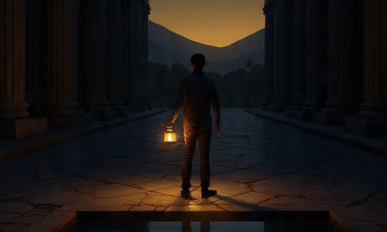 A person holding a lantern in an ancient Greek courtyard, lighting up symbols of wisdom and self-reflection while the surrounding area remains dark, representing Socrates’ call to examine one’s life.