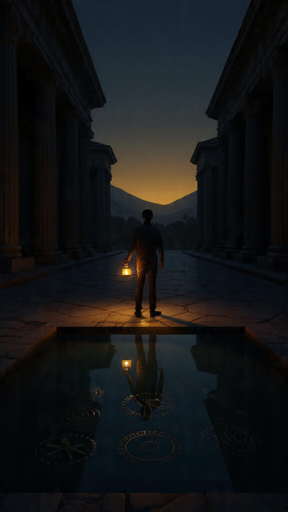 A person holding a lantern in an ancient Greek courtyard, lighting up symbols of wisdom and self-reflection while the surrounding area remains dark, representing Socrates’ call to examine one’s life.