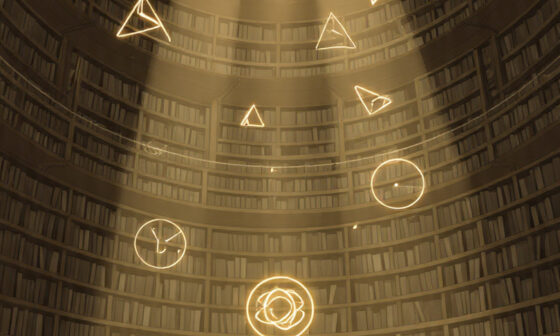 A person in an ancient circular library reaching toward a glowing symbol of understanding, representing Spinoza’s idea that true freedom comes from learning and comprehension.