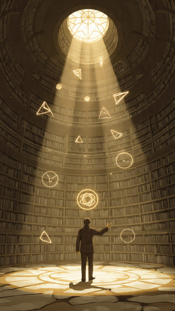 A person in an ancient circular library reaching toward a glowing symbol of understanding, representing Spinoza’s idea that true freedom comes from learning and comprehension.