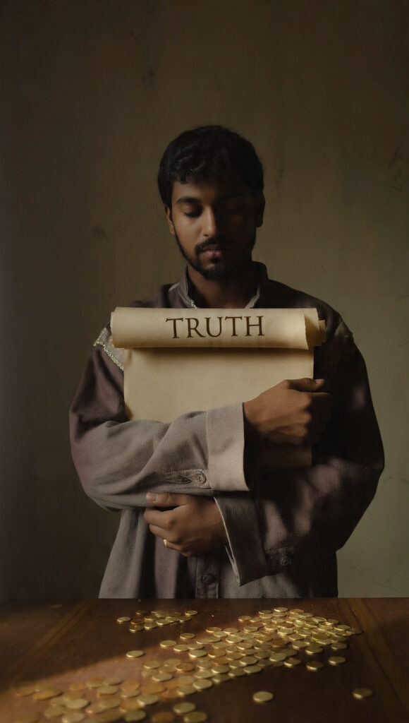A person choosing to hold onto truth instead of trading it for money, symbolizing “Buy the truth and do not sell it”