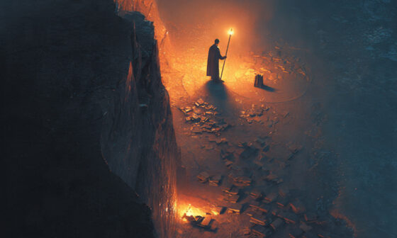 A person holding a torch at the edge of a cliff, revealing hidden paths and symbols, representing knowledge as power.