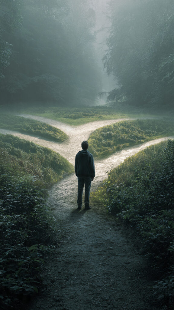 A figure standing at a crossroads with one bright path and several dark, tangled paths, symbolizing that not everything one is allowed to do is beneficial