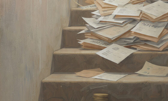 A small stack of coins at the base of stairs leading to larger bills and invoices, symbolizing how ignoring today’s needs leads to greater costs tomorrow, illustrating that poverty charges interest.