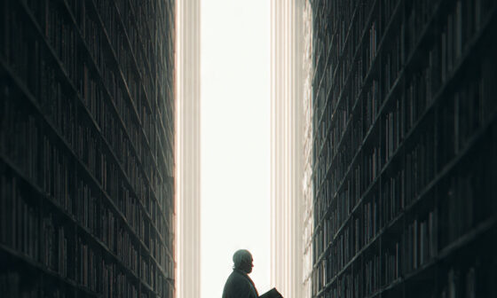 A person holding one closed book while standing before an endless library, symbolizing how believing you already know can block further learning