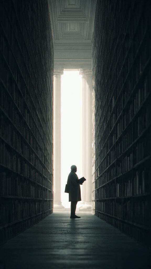 A person holding one closed book while standing before an endless library, symbolizing how believing you already know can block further learning