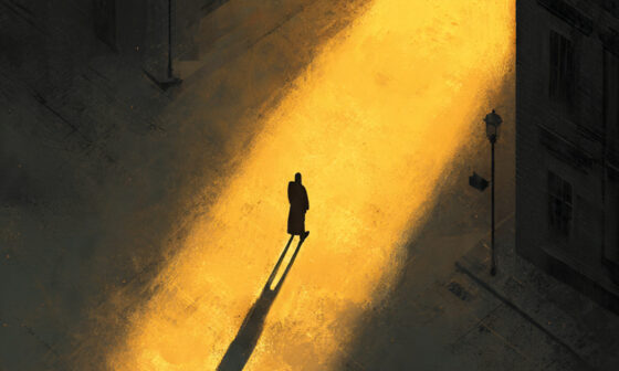 A solitary figure walking through a city at dawn, casting a cross-shaped shadow, symbolizing living the Gospel through daily life.