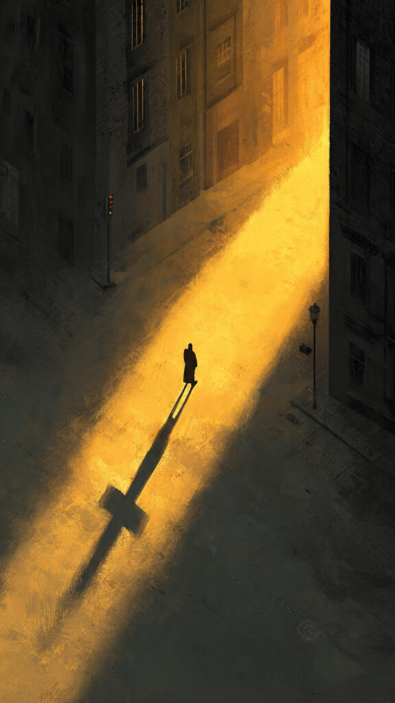 A solitary figure walking through a city at dawn, casting a cross-shaped shadow, symbolizing living the Gospel through daily life.