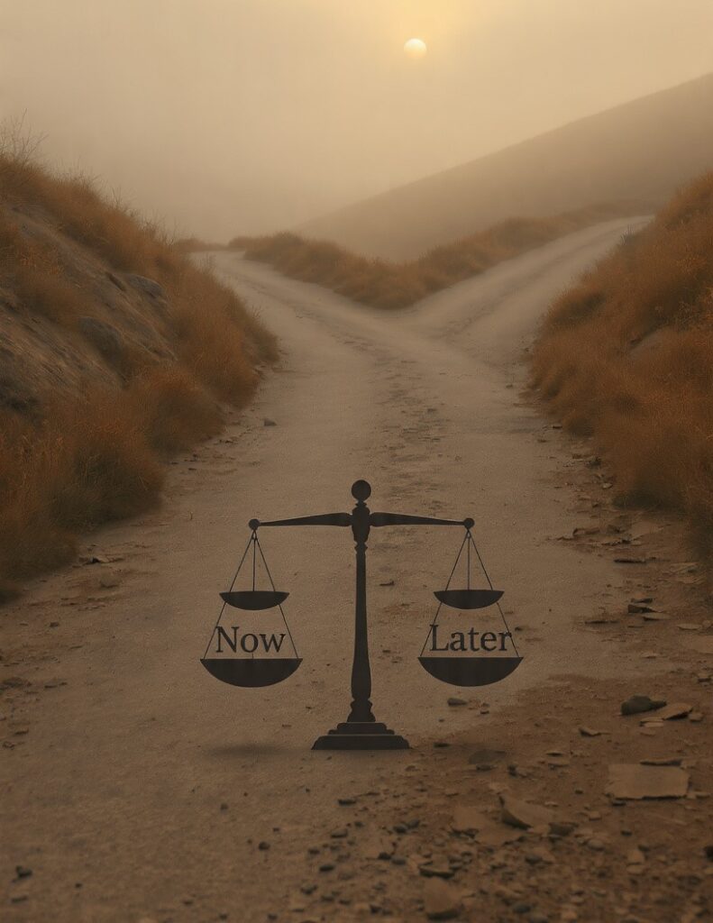 A symbolic crossroads illustrating the long-term cost of present decisions and the importance of choosing wisely.