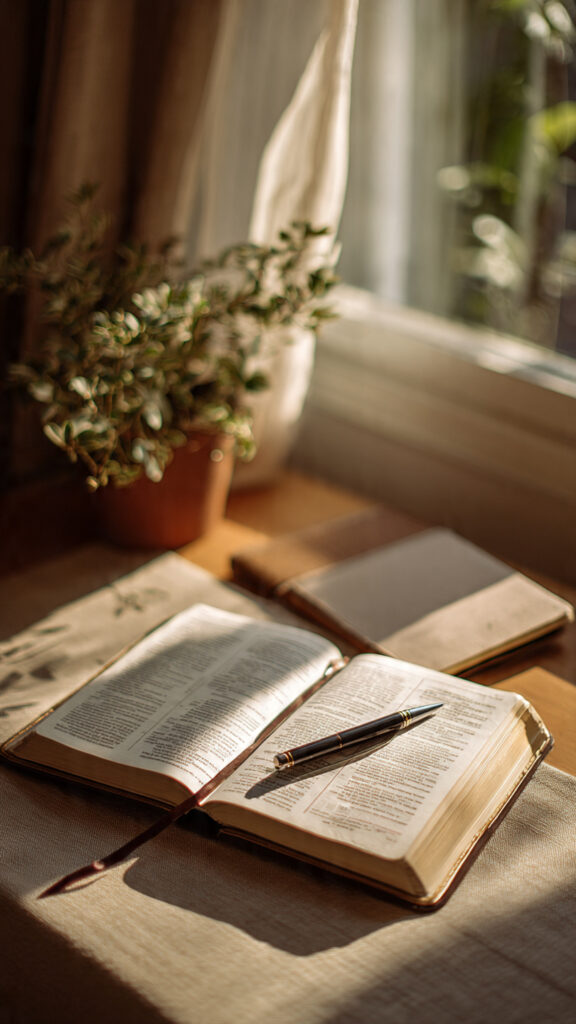 An open Bible and notebook on a sunlit desk symbolizing meditation, application, and visible growth in life and faith
