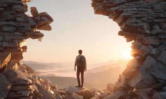 A man standing over a broken stone wall looking at a sunrise, representing breaking through excuses toward a better life.