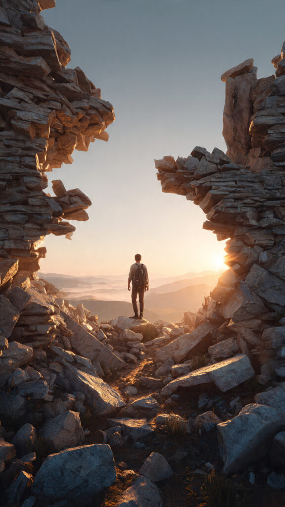 A man standing over a broken stone wall looking at a sunrise, representing breaking through excuses toward a better life.