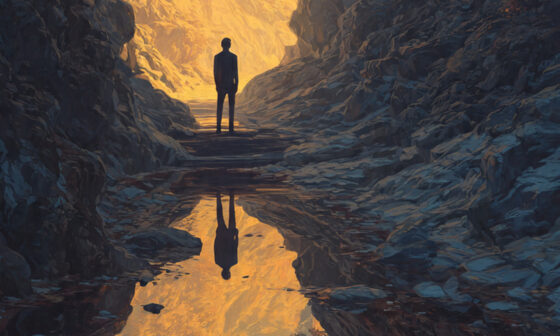 A person contemplating two paths, symbolizing the Stoic principle of seeing both the ideal and reality with clarity.