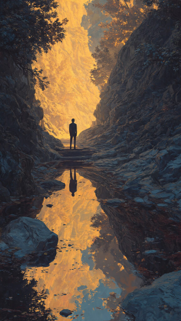 A person contemplating two paths, symbolizing the Stoic principle of seeing both the ideal and reality with clarity.